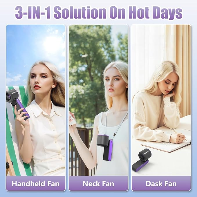 Koucen Portable Handheld Fan Rechargeable 100 Speeds Turbo Ice Cooling Personal Mini Fan Small Foldable 3-IN-1 for Neck/Desk/Hand, Travel Essentials Gifts for Women Men/Grey