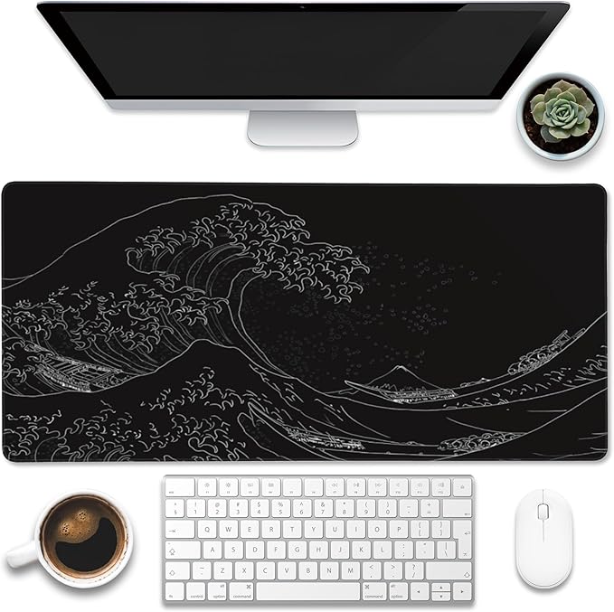 Eflxamz Desk Mat, Black Japanese Sea Wave Desk Pad, Extended Big Computer Keyboard Mouse Pad with Non-Slip Base and Stitched Edge, 35.4"x15.7"