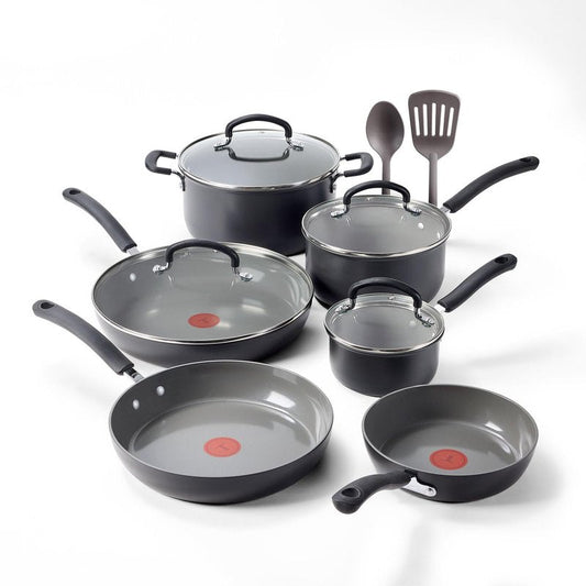 T-Fal Ultimate Hard Anodized 12-Piece Ceramic Nonstick Cookware Set, Oven Safe Up to 400°F, Ceramic Pots and Pans Set, Frying Pans, Saucepan, Stockpot, Cooking Utensils, Stone
