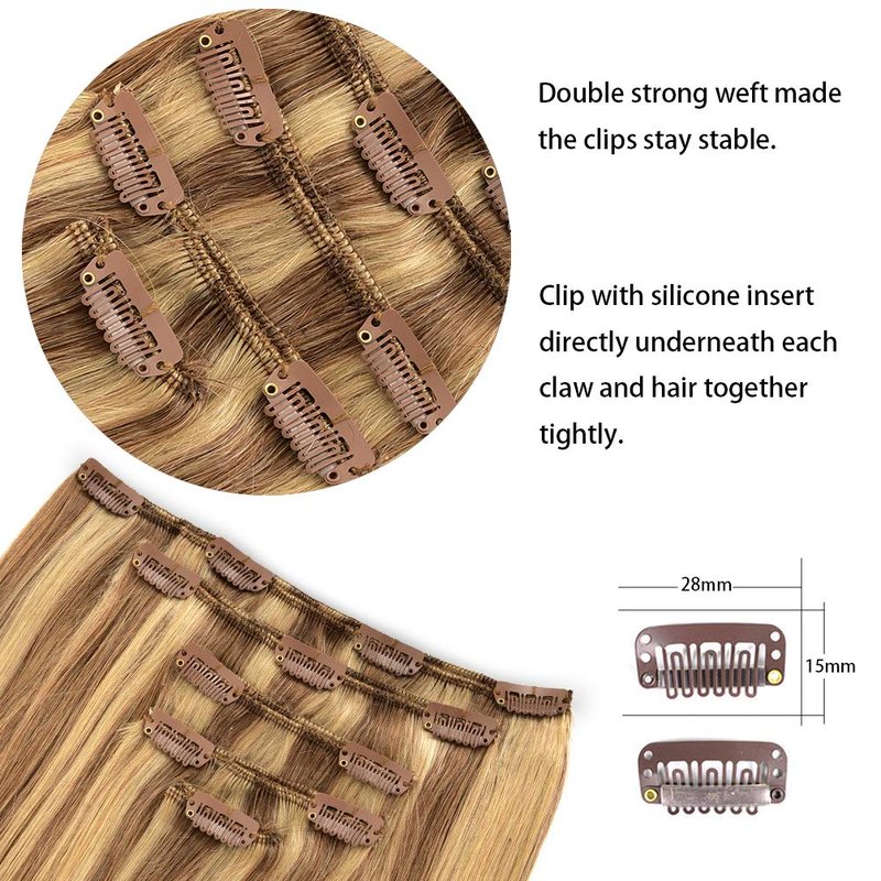 5 Pieces 12" Remy Clip in Ombre Hair Extensions Human Hair Light Blonde Mixed Golden Blond Highlights - Silky Straight Long Thick Real Hair Extensions for Women Fashion (12 inches, #16/22, 60grams)