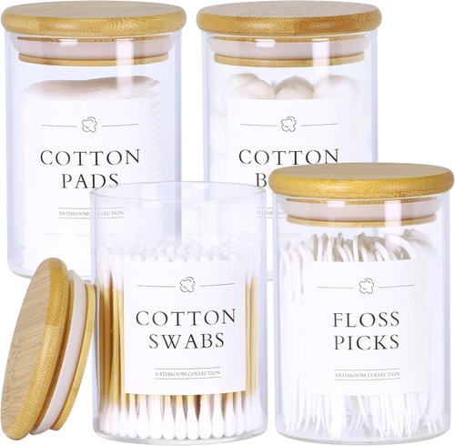 INIUNIK Qtip Holder Dispenser - 4 Pack Glass Apothecary Jars with Lids | Bamboo Bathroom Organizers