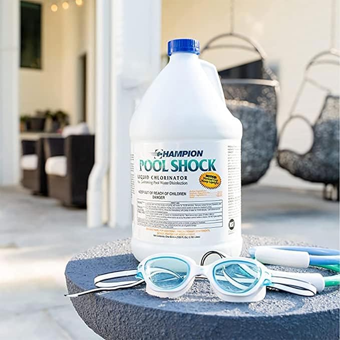 Champion 2-Pack Pool Shock, 12.5 Liquid Chlorinator for Swimming Pools, 1 Gallon Each - Fast-Acting Sodium Hypochlorite Sanitizer, Ready to Use, Non-Staining, Non-Scaling, Commercial Grade