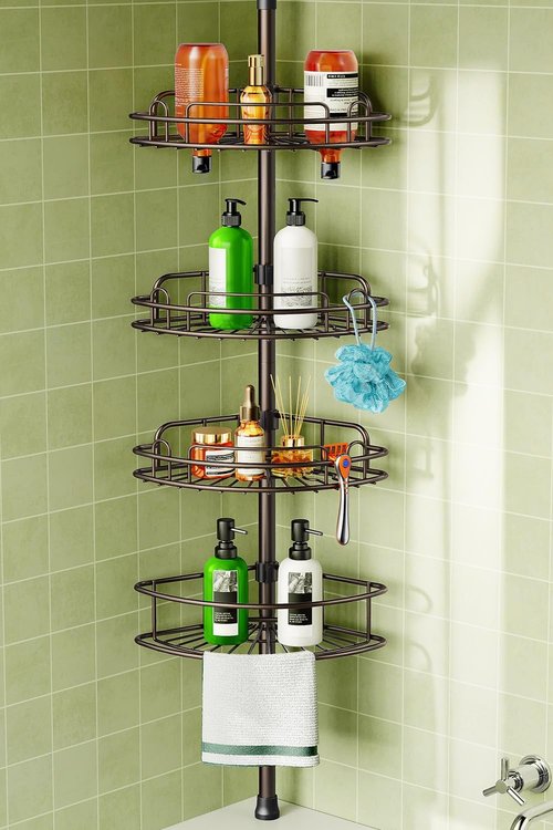 HAMITOR Corner Shower Caddy - 4-Tier Rust-Resistant Bathroom Organizer | Adjustable 47-121 Inch, No-Drill Installation - Bronze