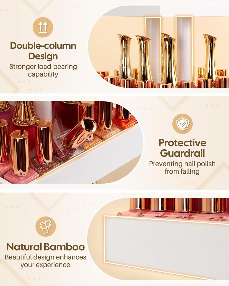 Nail Polish Display Stand - 360° Rotating Bamboo Rack Organizer | 4-Tier Makeup Holder for Easy Access - White