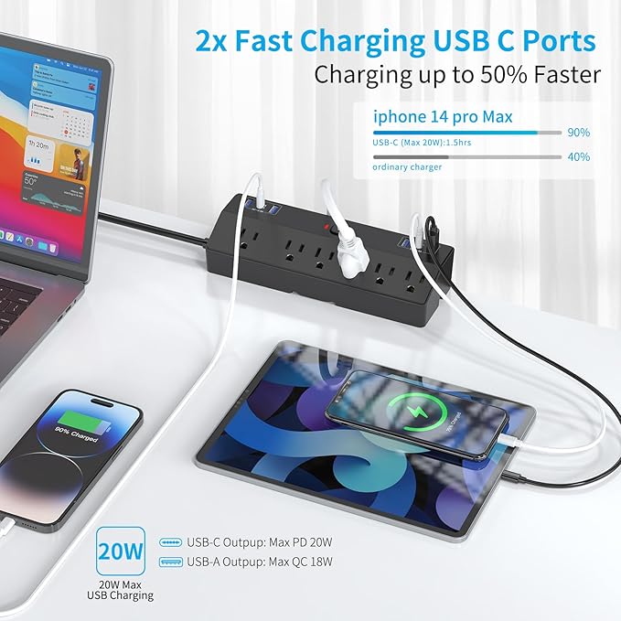 Desk Clamp Power Strip with 40W Fast Charging Station, JXGUCAT 10FT Flat Plug Desk Mount Power Strip Surge Protector, Removable Extension Cord with 2 USB-C Ports 6 Outlets, Fits 1.8" Tabletop Edge