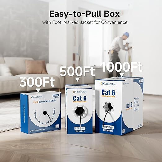 Cable Matters [UL Listed] 10Gbps in-Wall Riser Rated (CMR) 23AWG Bare Copper Cat6 Ethernet Cable - 1000ft, Solid, UTP Cat 6 Ethernet Cable Spool, Cat 6 Cord Bulk, White