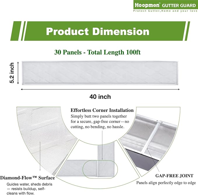 Gutter Guard â 100% Stainless-Steel Micro-Mesh Design, Pine Needle & Small Debris Protection, Fits 5 in KâStyle & HalfâRound Gutters, DIY Screws Included (100ft, 30pcs, 5in x 40in)
