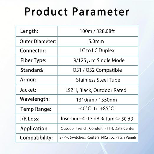 100M/328FT LC to LC Armored Outdoor Fiber Optic Cable, Single Mode Duplex 9/125μm SMF Fiber Patch Cord, OS1/OS2 Compatible, Black LSZH Jacket, Uniboot Jumper for FTTH, Data Center, Long-Distance Use