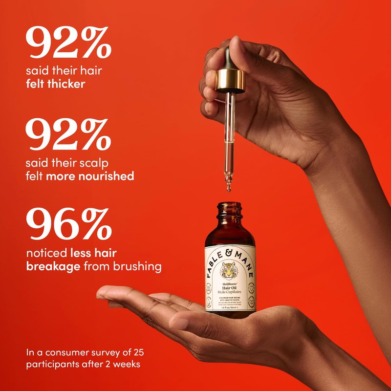 Fable and Mane Hair Oil - HoliRoots Strengthening Serum for Damaged, Frizzy Hair with Ashwagandha, Castor Oil & Scalp Treatment - 1.8FL oz