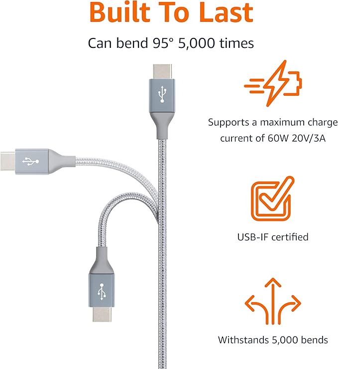 Amazon Basics Nylon Braided USB-C to USB-C 2.0 Fast Charger Cable, 60W, 480Mbps Speed, USB-IF Certified, for Apple iPhone 16/15, iPad, Samsung Galaxy, Tablets, Laptops, 10 Foot, Dark Gray