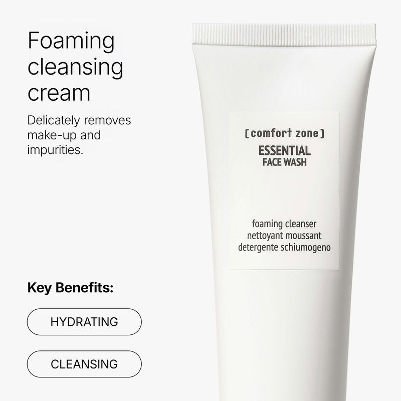[ comfort zone ] Essential Face Wash, Gentle Foaming Cleanser, Removes Impurities & Makeup, Restores Luminosity, Clean Beauty, Vegan, Made in Italy, Daily Use, Young & Combination Skin, 5.07 Fl Oz