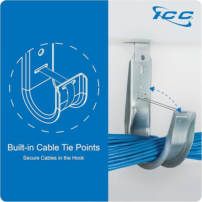 ICC Ceiling Mount J Hook 1-5/16" Without Retainer Clip – Galvanized Steel Cable Management Hooks for Hanging Cable - Rust-Resistant, EIA and TIA Compliant - 1-5/16 Inch 25 Pack
