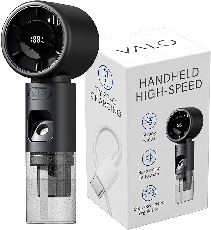 ValoInv Valo Portable Rechargeable Fan - Mini Cooling Fan for Travel, USB Desk Personal Fan with 100 Speeds, Water Cooling Technology, 50ml Tank, Quiet Operation, 2,000 mAh Battery, Midnight Black
