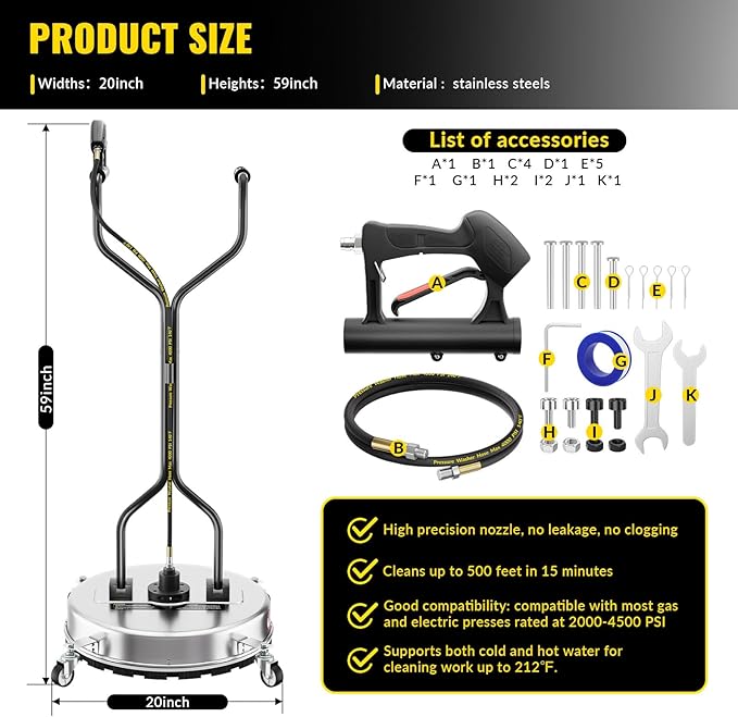 20 Inch Pressure Washer Surface Cleaner with 4 Wheels,Dual Handle,Stainless Steel Housing,4500 PSI Power Washer Accessory for Concrete, Patio, Sidewalk, Deck, Driveways and Daily Washing