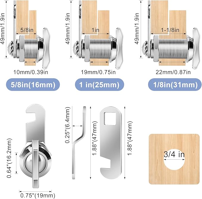 Thumb Operated Offset Cam Lock, 1-1/8” Cylinder Fits on 7/8” Max Door Thickness, Non-Locking Replacement Lock for RV Compartment Camper Storage, Cabinets,Drawers (1-1/8 Inch 3Pack)