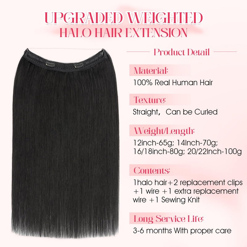 Rich Choices 100% Real Human Halo Hair Extensions for Women Remy Halo Extension Invisible Wire Hairpiece Clip in One Piece Hairpiece Upgrade Adds Weight 65g 12 Inch #01 Jet Black