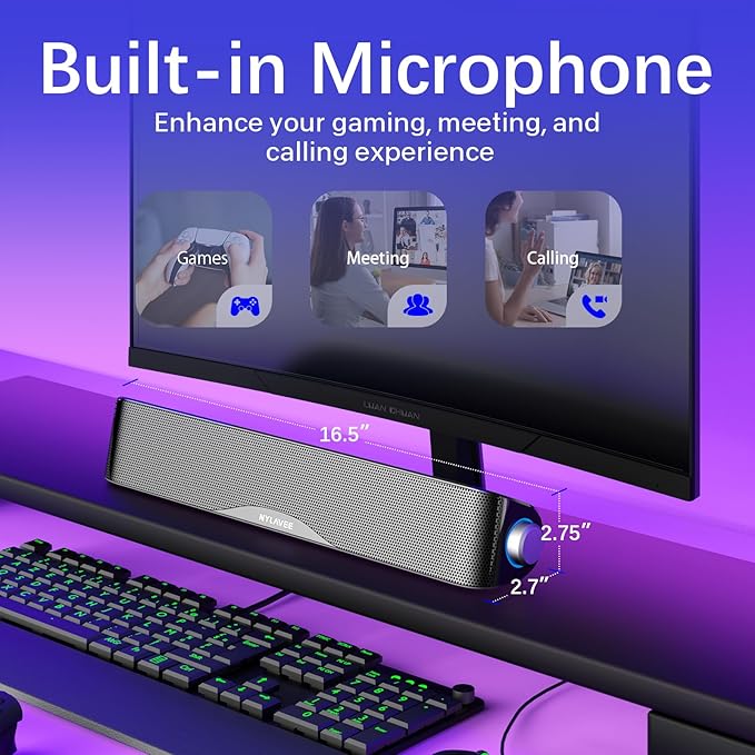 Nylavee Computer Speakers, Hi-Fi Stereo Computer Sound Bar with Bluetooth & 3.5mm Aux, USB/USB-C Powered for Desktop PC, Laptop & Monitor, Built-in Mic and Headphone Jack