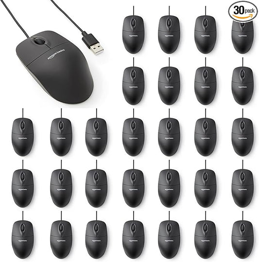 Amazon Basics 3-Button USB Wired Computer Mouse, Black, 30-Pack