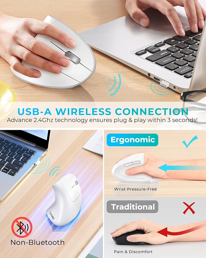 Lekvey Ergonomic Mouse, Vertical Wireless Mouse, Rechargeable 2.4G Optical Carpal Tunnel Mice with USB Receiver: 1000/1200/1600 DPI, 6 Buttons, for Laptop, Computer, Mac, PC, Desktop, Notebook, White
