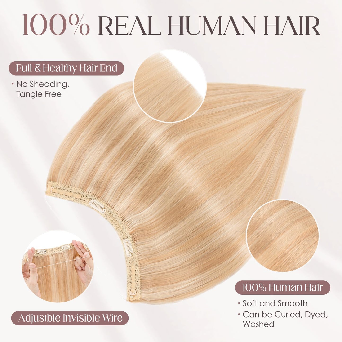MY-LADY Halo Hair Extensions Real Human Hair for Women Chestnut Brown & Dark Blonde Clip in Remy Hairpiece with Adjustable Invisible Wire 14 Inch 70G