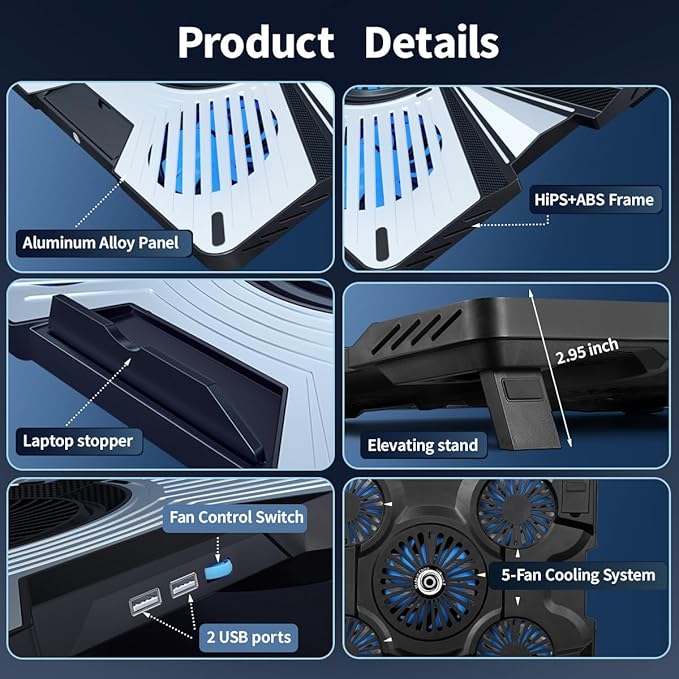 Yiodelu Thermoelectric Laptop Cooling Stand with 5 Fans - Adjustable Height for Laptops up to 19", Compatible with MacBook, Alienware, ROG & Gaming Laptops