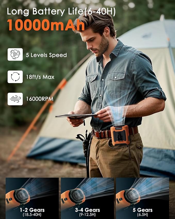 FANSEXPERT Portable Waist Fan Clip on, Personal Wearable Belt Fan 10000mAh Rechargeable Battery Under Shirt,5 Speeds with light, Neck Fan Hands-Free Cooling For Outdoor Camping Travel (Orange)