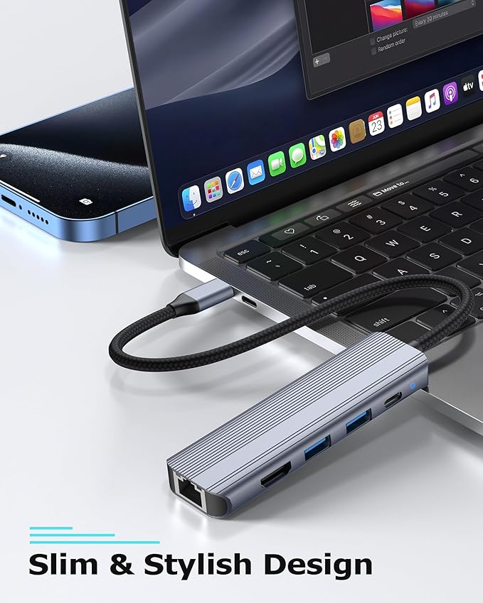 Glomtheia USB C Hub Ethernet HDMI Multiport Adapter for MacBook Pro/Air, iPad, Laptop Dock with 5Gbps USB A/C, 1Gbps RJ45 Gigabit Ethernet, 4K 30Hz HDMI, 100W Pass Through Charging