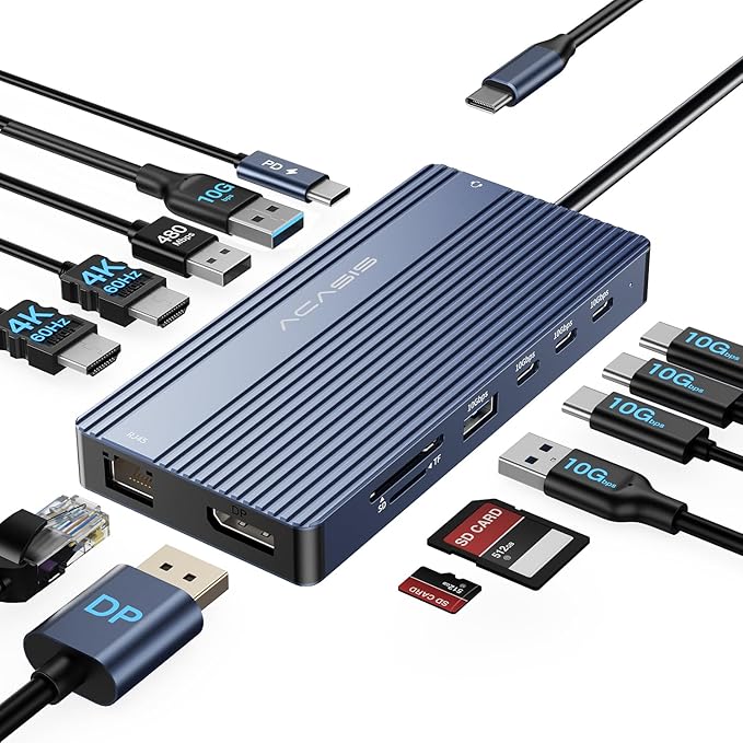 USB C Docking Station Dual Monitor, 14 in 1 USB C Hub, Adapter with 2 HDMI+DP(4K60Hz), Ethernet, 3 USBC 10G,100W PD, SD/TF, Audio, Laptop Docking Station for Dell/HP/Lenovo/ThinkPad/Surface (Grey)