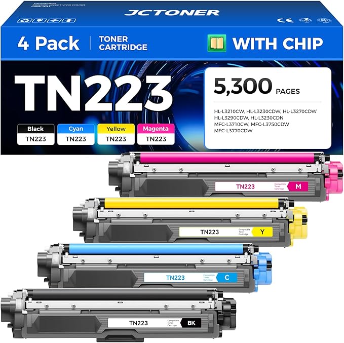 JCTONER TN223 Toner Cartridge 4-Pack Replacement for Compatible with Printer Ink Color Black