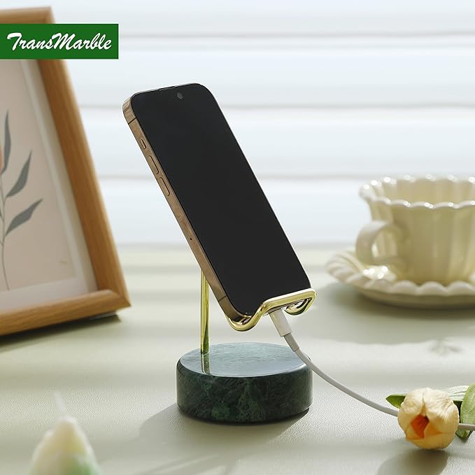 TransMarble Marble Phone Stand with Metal Holder, Charging Available While Using, Swipe Up to Unlock, Made of Natural Marble as Business Card Holder for Office Desk (Emerald Green + Gold)