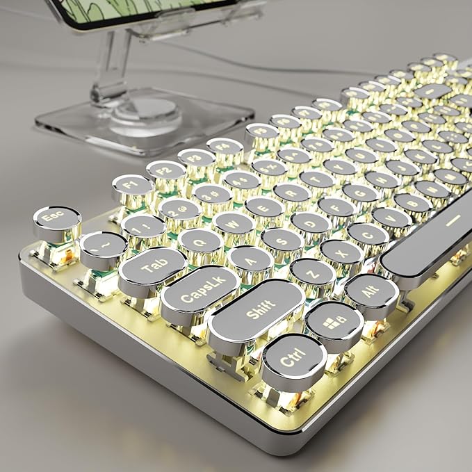 SEUNKWANG EWEADN TK100 Typewriter Style Wired Mechanical Keyboard, 104 Keys Aesthetic Typewriter Keyboard with Yellow Backlit, Anti-Ghosting, Blue Switch Cool Keyboards-White