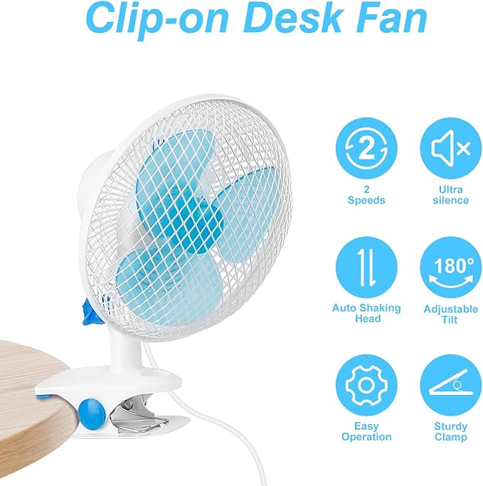 TeqHome 8.66" Portable Clip on Fan, 2 Speed Desk Fan with Auto Shaking Function, 180° Adjustable Tilt, Study Clamp, Personal Cooling Fan with 3.94ft Cord for Home Office Dorm