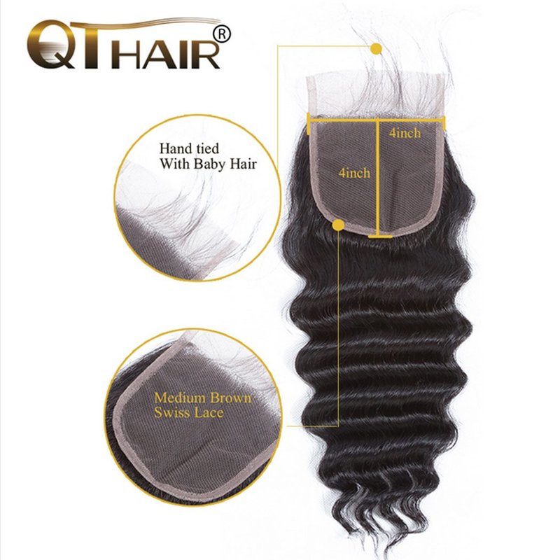 QTHAIR 18A Loose Deep Wave Lace Closure - 4x4 Brazilian Human Hair, Pre-Plucked, 14" with Baby Hair
