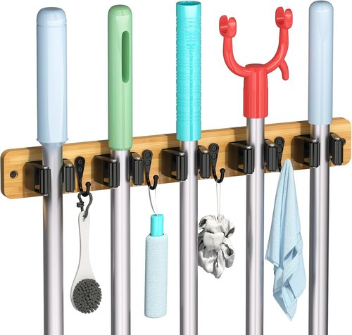 IMILLET Broom Holder Wall Mount - Bamboo Mop Hanger with 5 Racks & 4 Hooks | Home Organization Solution