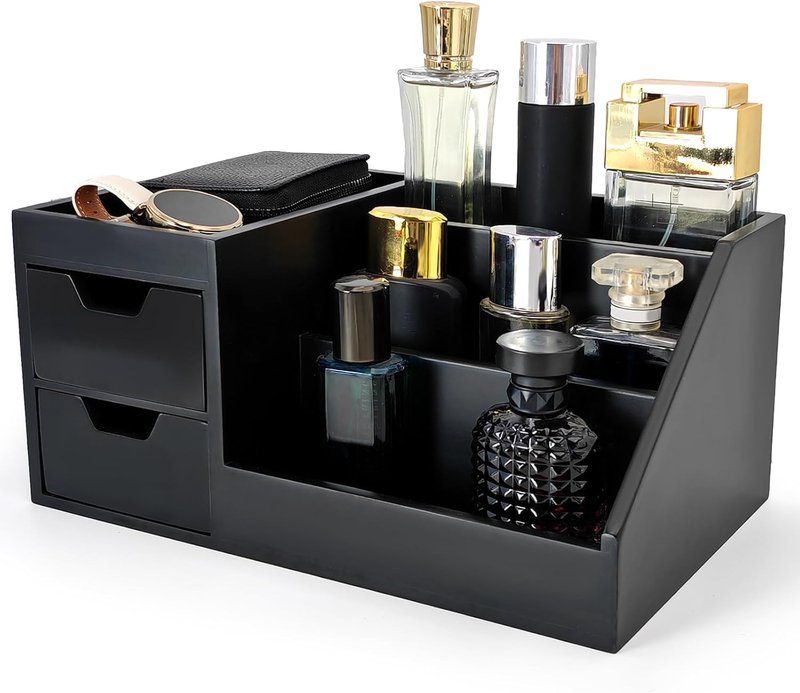 Perfume & Makeup Organizer - Wooden Countertop Rack for Cologne, Skincare & Dresser | Black, Medium Size