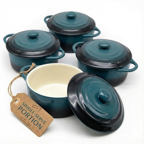 Kook Ceramic Mini Cocotte Set - 12 oz Individual Baking Ramekins with Lids & Handles | Oven & Microwave Safe, Stone Ombre, Set of 4