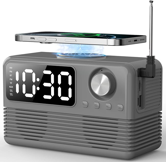 FlyShow 15W Fast Wireless Charger with Bluetooth Speaker and Alarm Clock Radio,4 in1 Wireless Charging Station for iPhone,Android Phones with FM Radio for Bedroom