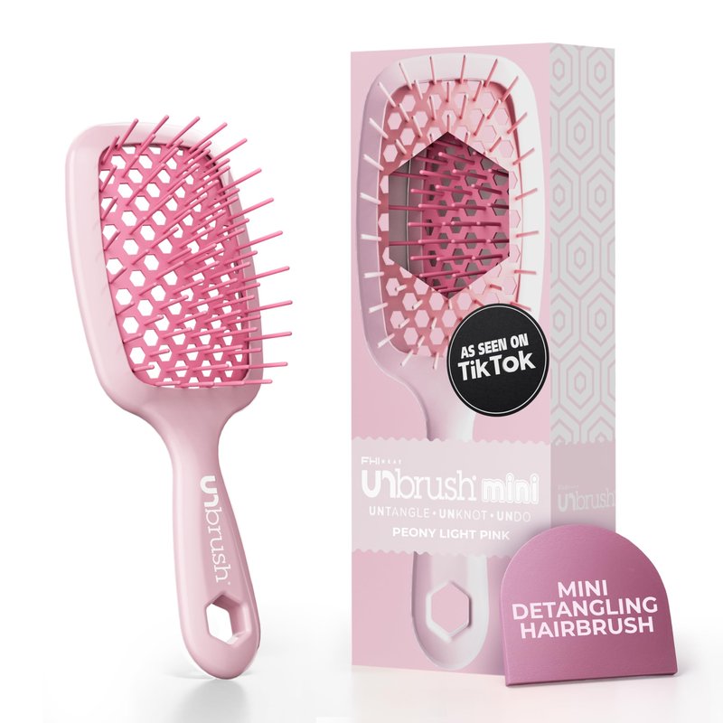 FHI Heat UNbrush Mini Detangler Brush for Pain-Free Brushing on All Wet or Dry Hair Types — Durable Duoflex Anti-Static Bristles, Lightweight Handle, Vented Mini Hair Brush, Peony Light Pink