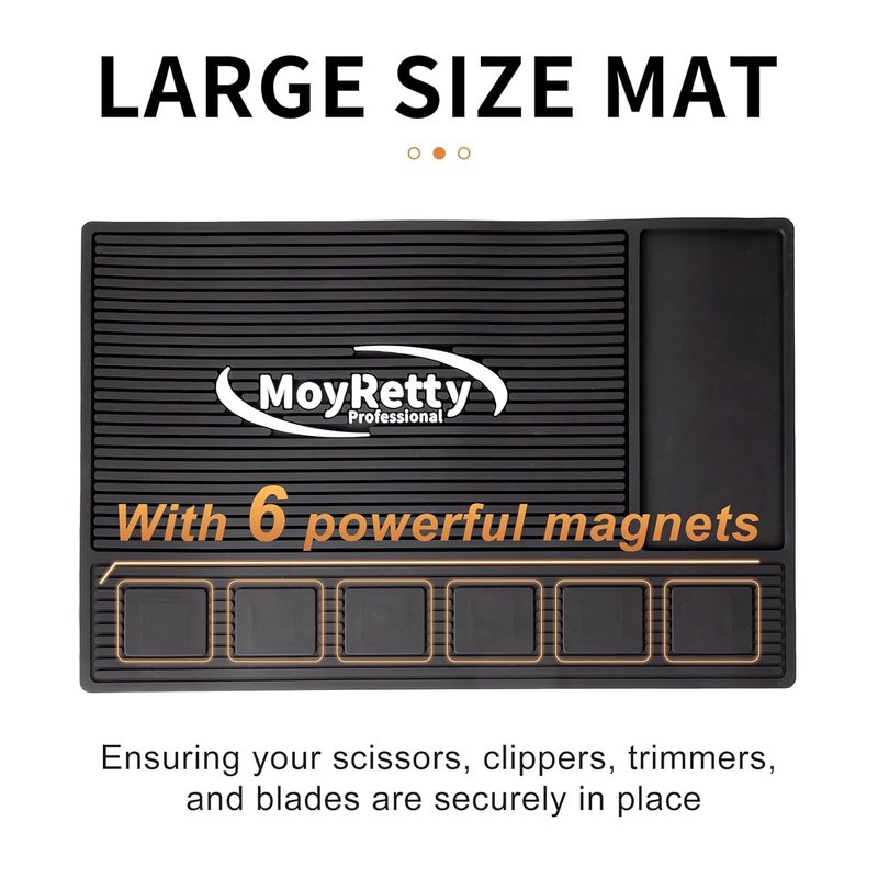 Magnetic Barber Mat for Clippers - 6 Strong Organizer Stations | Anti-Skid Rubber, 18.9" x 12.6", Black