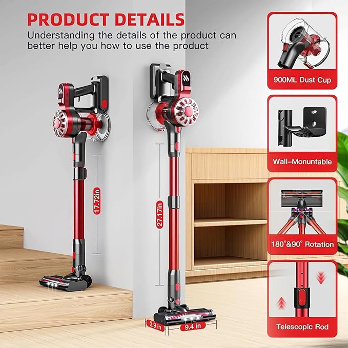 WLOTPO Cordless Vacuum Cleaner for Home,Lightweight Stick Vacuum Cordless Rechargeable with Power Suction, Up to 35 Mins Runtime, Hardwood Floor Vacuum for Pet Hair,Carpets,Tile(Cherry Red)