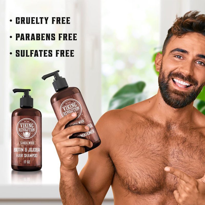 Viking Revolution Sandalwood Shampoo and Conditioner Set with Biotin and Jojoba Oil - Natural Hair Shampoo and Hair Conditioner for Men with Vitamin B5 (17 Oz)