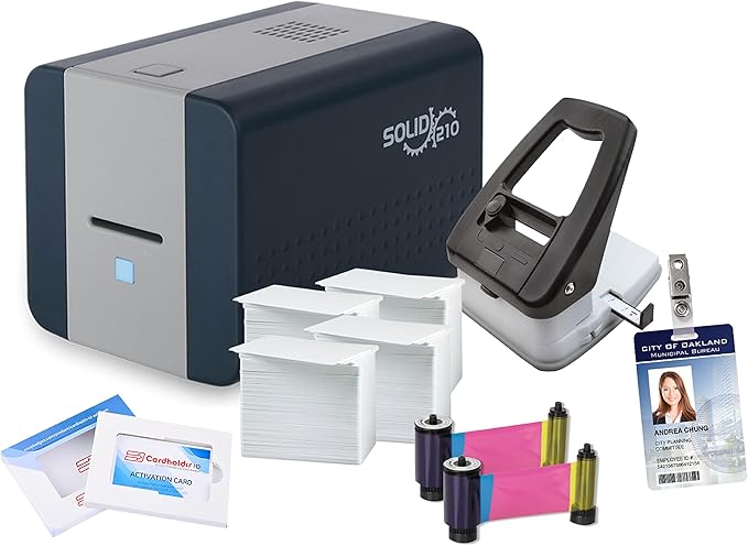 Cardholdir ID Easy Badges Solid 210 ID Badge Printer | with Beginner Software, & Everything Needed to Design and Print 400 ID Cards, | Single Sided Employee & Student ID Card Printer