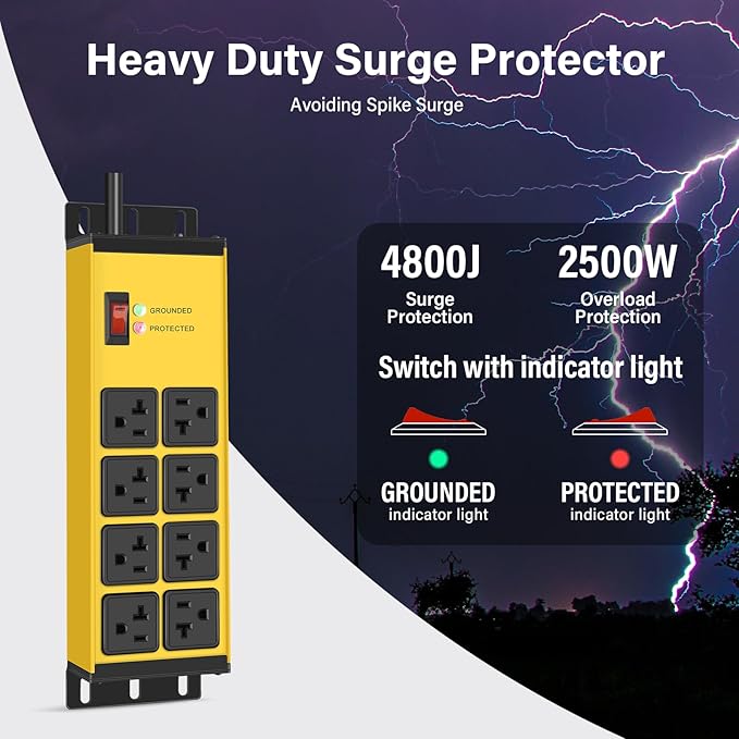 CCCEI Heavy Duty Power Strip Surge Protector 20 AMP Switch, 12 Gauge Extension Cord with Multiple Outlets, Industrial, Shop, Garage High Amp Wall Mount Electric Extender. 10FT, Yellow.