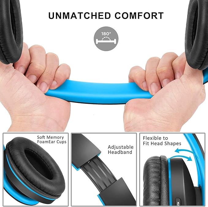 ZIHNIC Bluetooth Headphones Over-Ear, Black/Blue