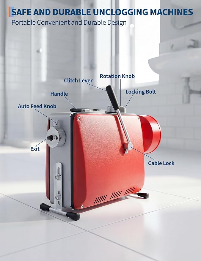 Drain Cleaner Machine with 66FT x 5/8" & 16FT x 3/8" Steel Cables, 7 Cutters, Electric Sewer Snake Drain Auger, 500w Power Drain Cleaner Machine, Auto Feed Pipe Snake for 3/4" to 4" Pipes
