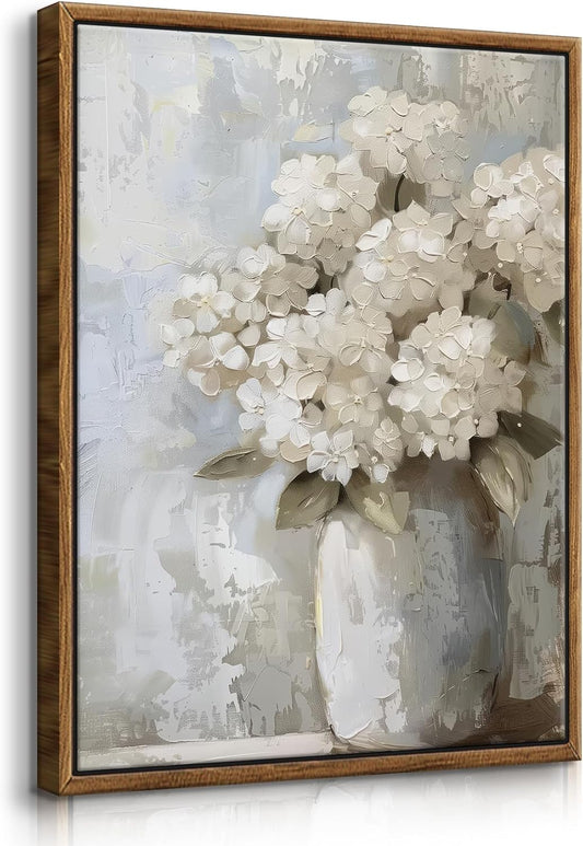 QWETTY666 Framed White Hydrangea Wall Art - Vintage Floral Canvas Print for Bathroom | 16x24in Ready to Hang