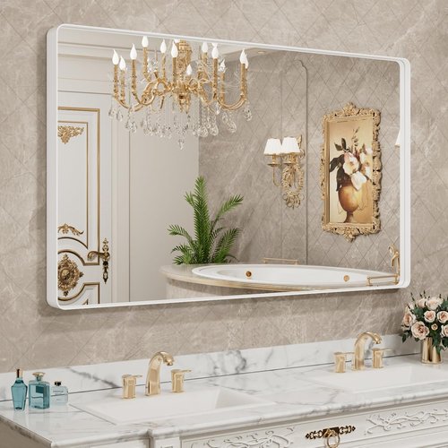 LOAAO White Metal Framed Bathroom Mirror - Large Rounded Rectangle, Anti-Rust, 50x30 Inch, Versatile Hanging Options