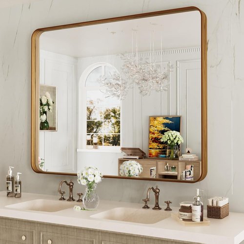 LOAAO Bathroom Mirror - 40x24 Inch Rounded Rectangle Design with Wood Grain Metal Frame | Anti-Rust, Versatile Hanging Options
