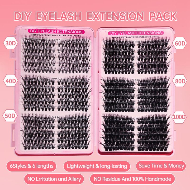 Lash Extension Kit - DIY Lash Clusters, 540pcs in D Curl, 9-16mm Natural Volume Individual Lashes | 30D-100D