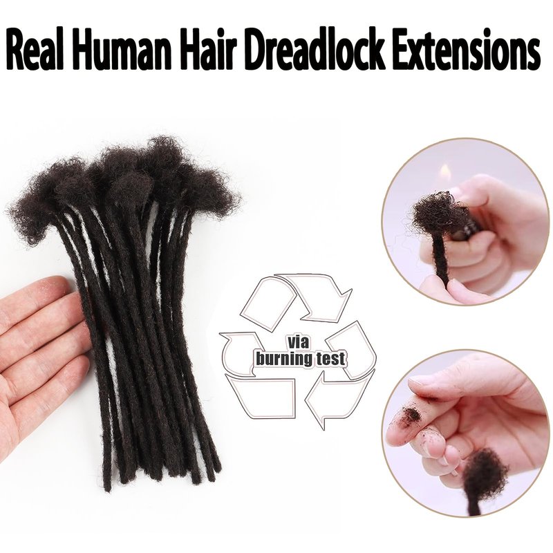 Coriario 0.4 cm Real Human Hair Dreadlock Extensions 8 inch 30 Strands Full Handmade Permanent Loc Extensions Human Hair Natural Black Dreads Extensions for Men Women Kids